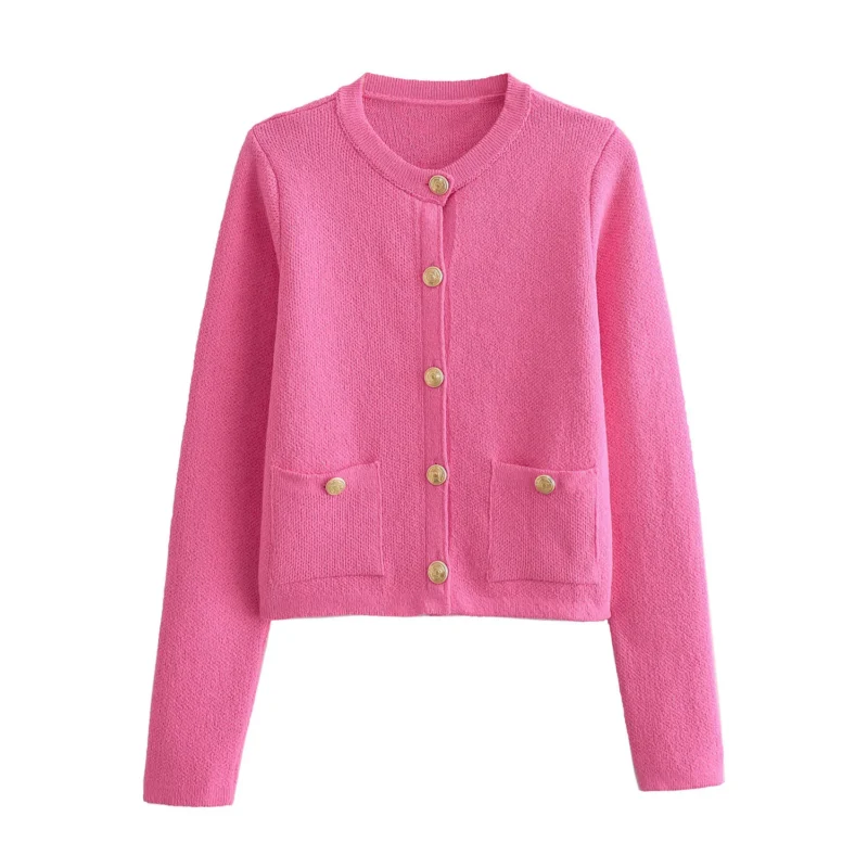 Classic O-Neck Women's Button Decorated Cardigan Sweater with Pockets - Image 10