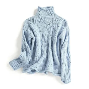 Luxurious Hollow Knit Women's Wool-Cashmere Turtleneck Sweater with Twist Detail