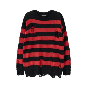 Distressed Punk Men's Striped Knit Pullover Sweater with Tassel Detail