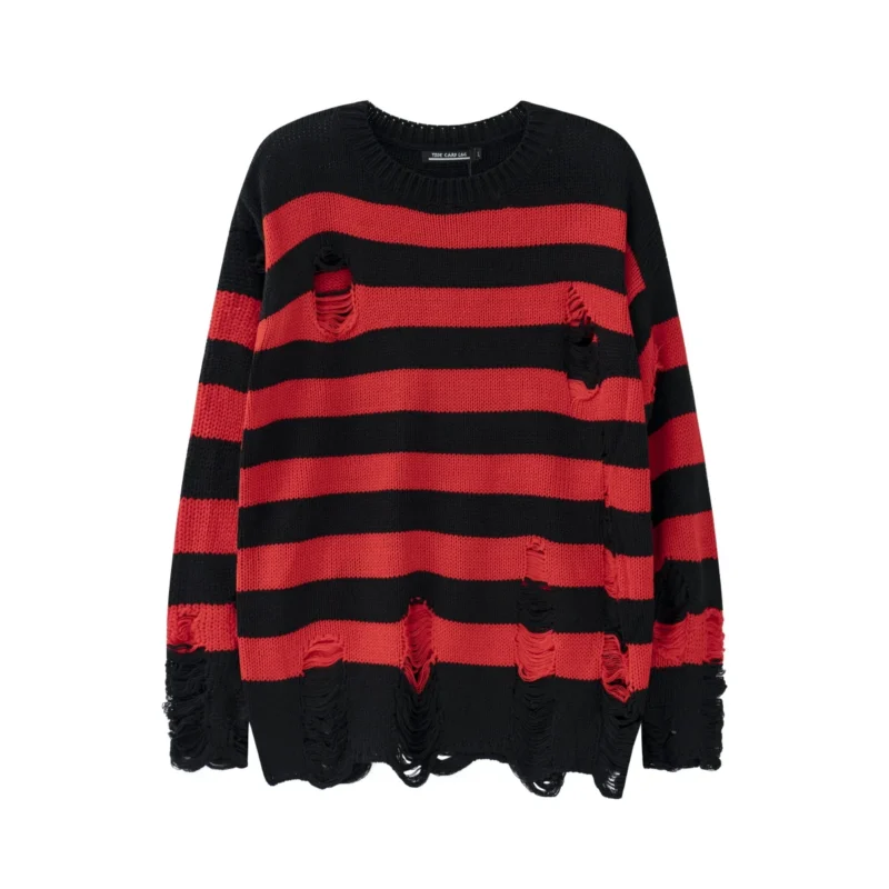 Distressed Punk Men's Striped Knit Pullover Sweater with Tassel Detail