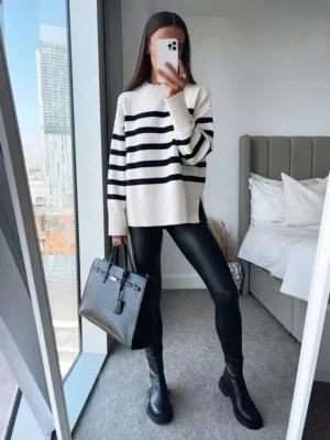 Oversized Striped Women's Knitted O-Neck Pullover Sweater for Autumn Winter