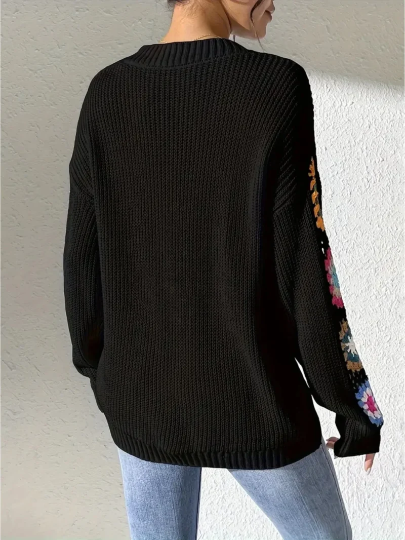 Embroidered Floral Women's V-Neck Loose Acrylic Sweater with Decorative Cuffs - Image 2