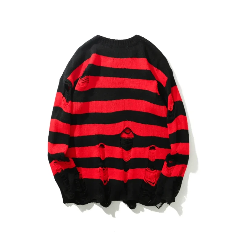 Distressed Punk Men's Striped Knit Pullover Sweater with Tassel Detail - Image 5