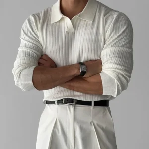 Classic Men's V-Neck Jacquard Knit Polo Shirt Long-Sleeve Slim Fit